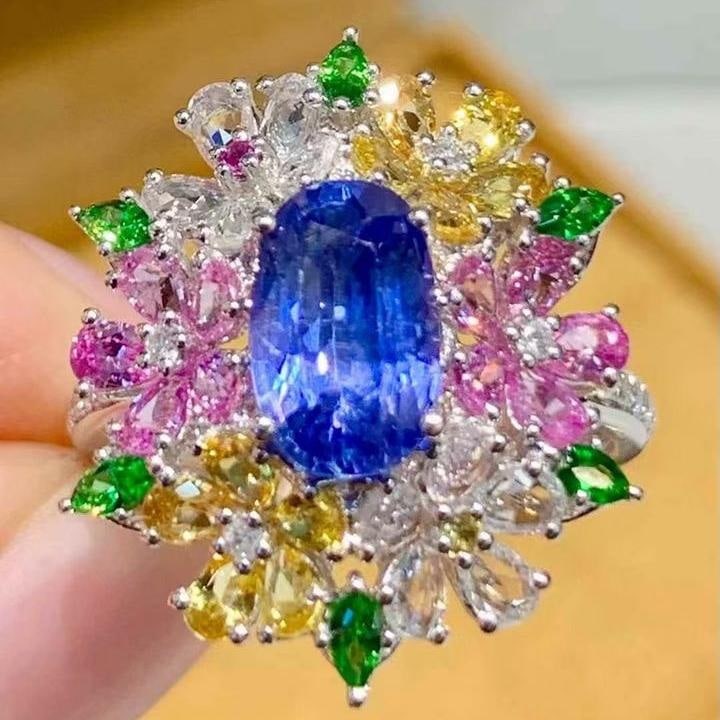 14k Gold 2 Ct Natural Sapphire & Diamond & Sapphire & Tsavorite Ring: Ref:231147081 // gold content:14k gold // ring size:7. 25us // // main gemstone:sapphire // shape:oval // carat weight:2ct // color:blue // treatment:natural // // adjacent gemstone 2 : diamond //