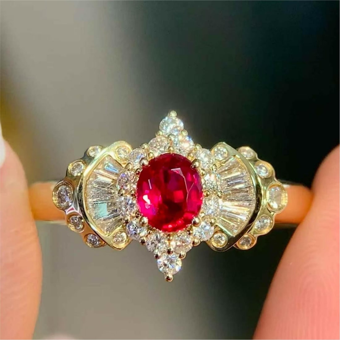 14k Gold 0.79 Ctw Natural Ruby & Diamond Ring: Ref:231147084 // gold content:14k gold // ring size:7. 25us // // main gemstone:ruby // shape:oval // carat weight:0. 44ct // color:red // treatment:natural // // adjacent gemstone 2 : diamond //