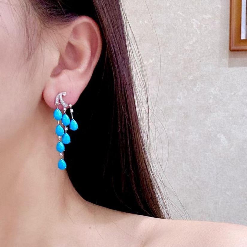 14k Gold 9.41 Ctw Natural Blue Turquoise & Diamond Earrings - 4