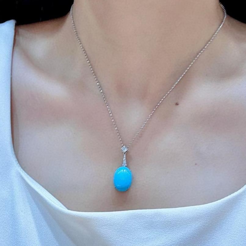 14k Gold 10.11 Ctw Natural Blue Turquoise & Diamond Necklace - 4