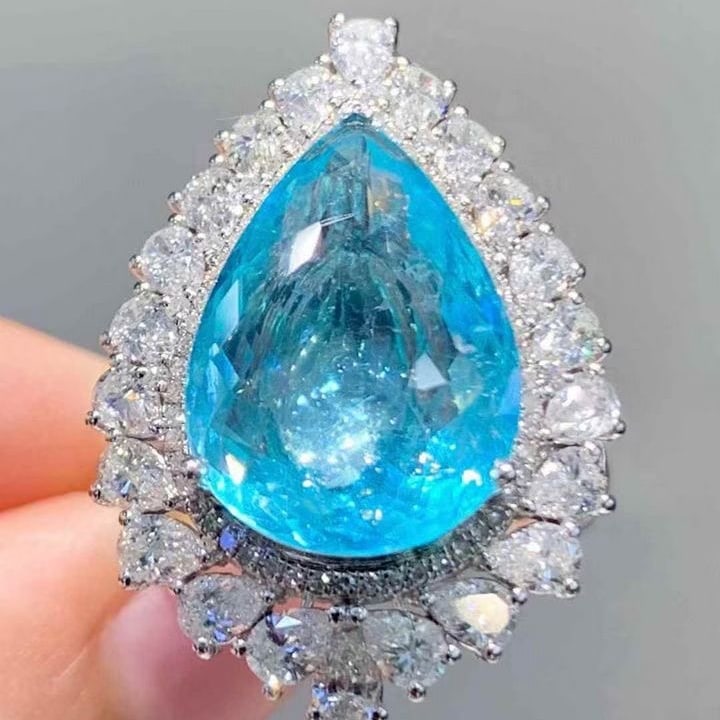 14k Gold 6.75 Ct Natural Paraiba Tourmaline & Diamond Ring/pendant( Without Chain ): Ref:231147155 // gold content:14k gold // ring size:7. 25us // // main gemstone:paraiba tourmaline // shape:pear // carat weight:6. 75ct // color:blue // treatment:natural // // adjacent gemstone 2 : 