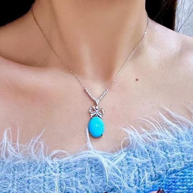 14k Gold 7.54 Ctw Natural Blue Turquoise & Diamond Necklace - 4