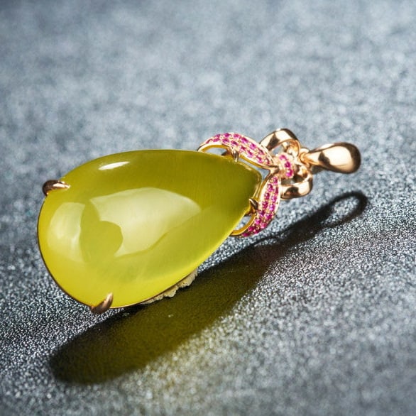 14k Gold 23.36 Ct Natural Prehnite & Ruby Pendant( Without Chain ) - 7