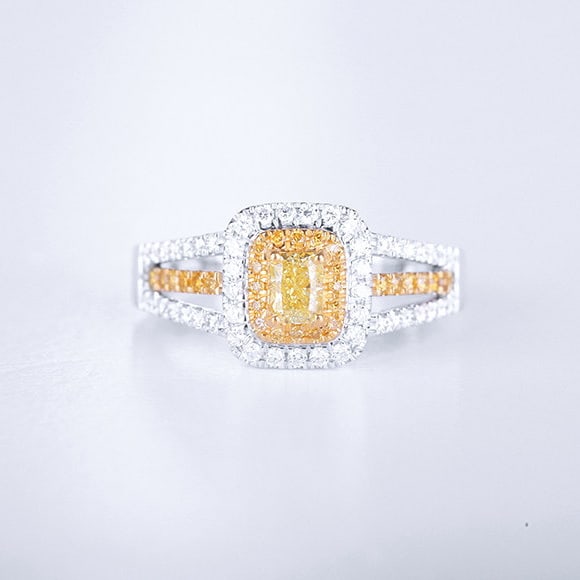 14k Gold 0.65 Ctw Natural Yellow Diamond & Diamond Ring: Ref:231147235 // gold content:14k gold // ring size:7. 25us // // main gemstone:yellow diamond // shape:cushion // carat weight:0. 27ct // color:yellow // treatment:natural // // adjacent gemstone 2
