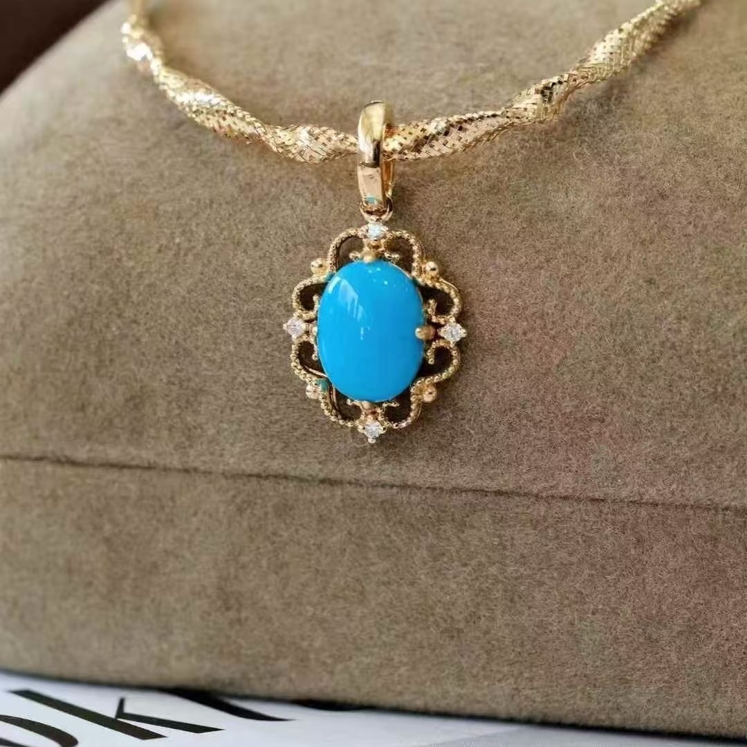 14k Gold 1.33 Ctw Natural Blue Turquoise & Diamond Pendant( Without Chain ): Ref:231147248 // gold content:14k gold // main gemstone:blue turquoise // shape:oval // carat weight:1. 3ct // color:blue // treatment:natural // // adjacent gemstone 2 : diamond // shape:round //