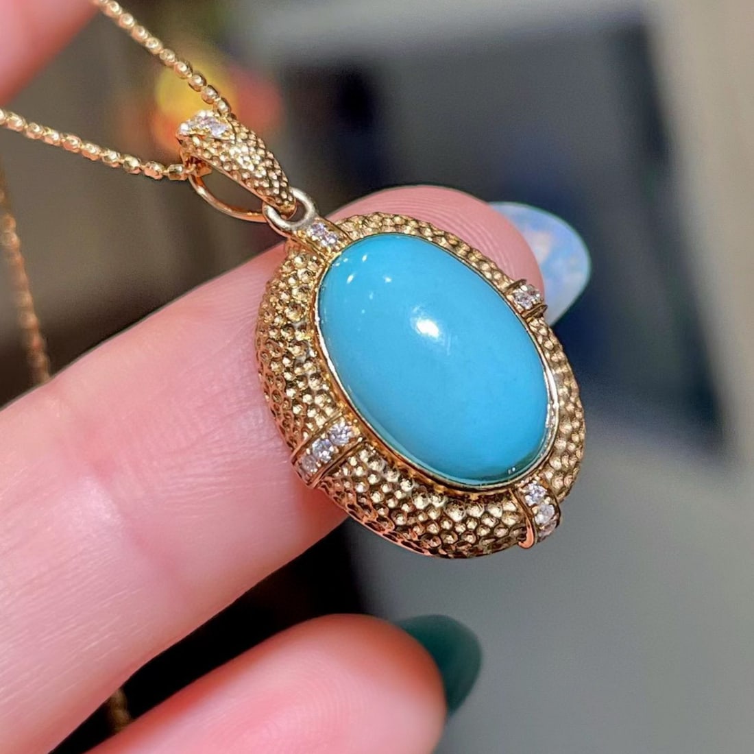 14k Gold 3.63 Ct Natural Blue Turquoise & Diamond Pendant( Without Chain ) - 2
