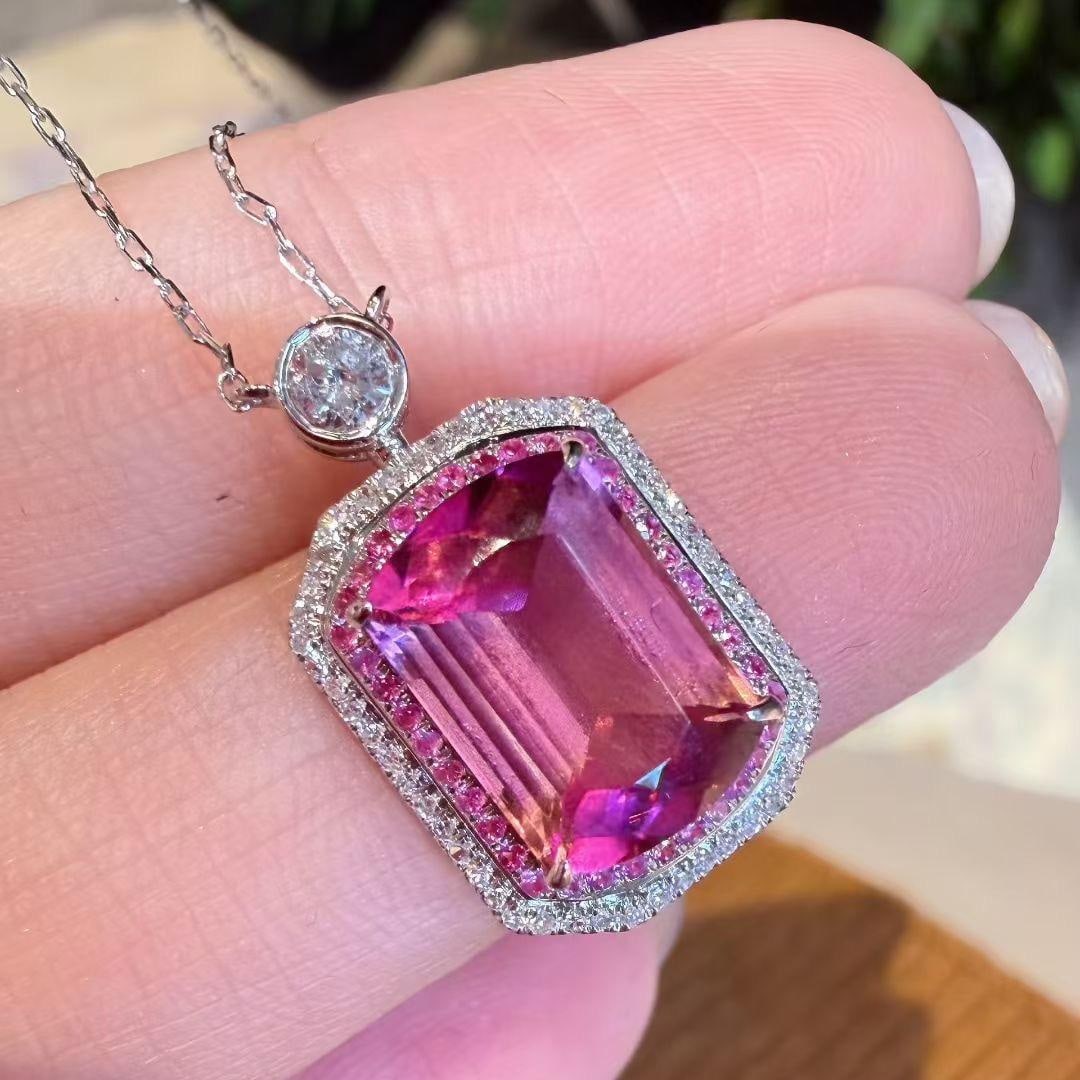 14k Gold 2.3 Ct Natural Tourmaline & Diamond & Sapphire Necklace: Ref:231147253 // gold content:14k gold // main gemstone:tourmaline // shape:cushion // carat weight:2. 3ct // color:pink // treatment:natural // // adjacent gemstone 2 : diamond // shape:round //
