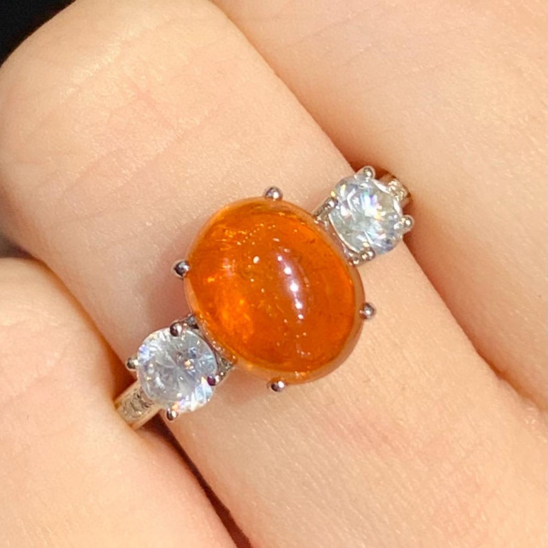 14k Gold 5.25 Ctw Natural Spessartine & Diamond Ring: Ref:231147256 // gold content:14k gold // ring size:7. 25us // // main gemstone:spessartine // shape:oval // carat weight:4. 55ct // color:orange // treatment:natural // // adjacent gemstone 2 :
