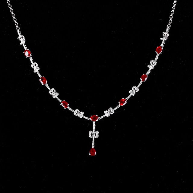14k Gold 3.34 Ctw Vivid Red Natural Ruby & Diamond Necklace: Ref:231148014 // gold content:14k gold // main gemstone:ruby // shape:multiple // carat weight:2. 76ct // color:vivid red // treatment:natural // // adjacent gemstone 2 : diamond // number of
