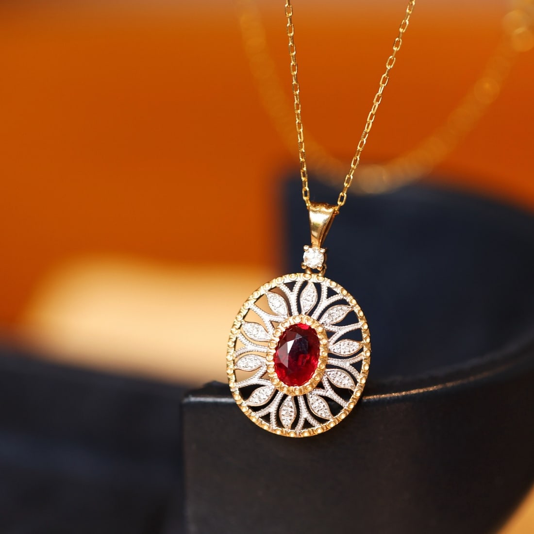 14k Gold 0.65 Ctw Vivid Red Natural Ruby & Diamond Pendant( Without Chain ): Ref:231148199 // gold content:14k gold // main gemstone:ruby // shape:oval // carat weight:0. 54ct // color:vivid red // treatment:natural // // adjacent gemstone 2 : diamond // shape:round // carat