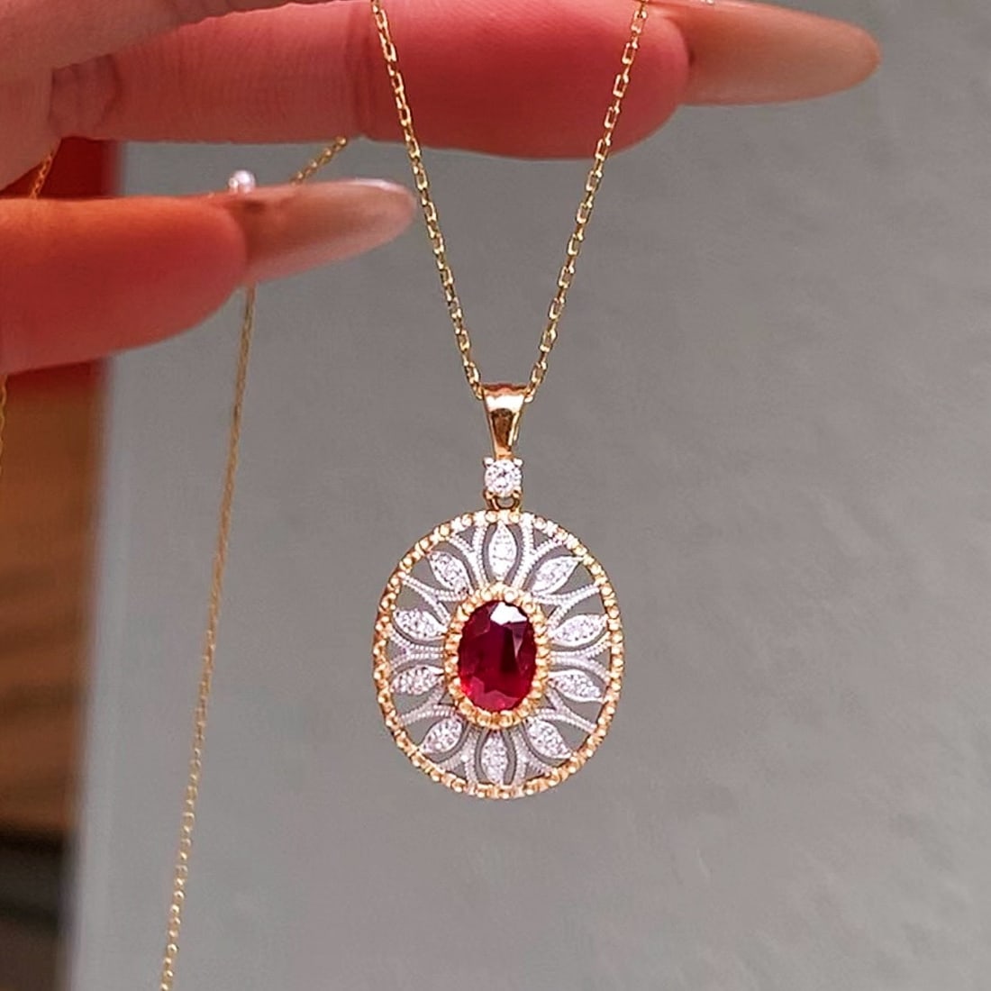 14k Gold 0.65 Ctw Vivid Red Natural Ruby & Diamond Pendant( Without Chain ) - 5