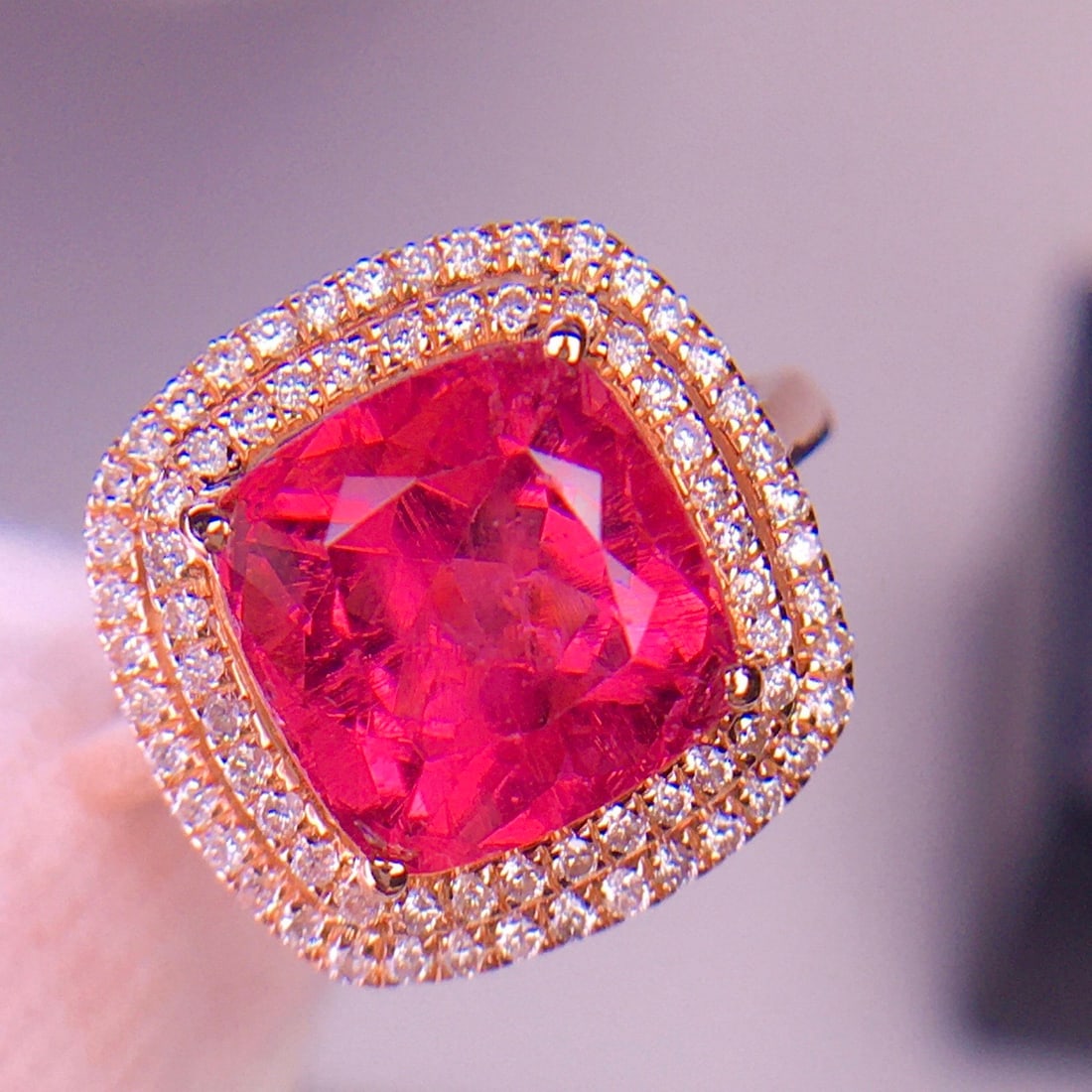 14k Gold 4.05 Ct Natural Tourmaline & Diamond Ring: Ref:231148294 // gold content:14k gold // ring size:7. 25us // // main gemstone:tourmaline // shape:cushion // carat weight:4. 05ct // color:red // treatment:natural // // adjacent gemstone 2 :