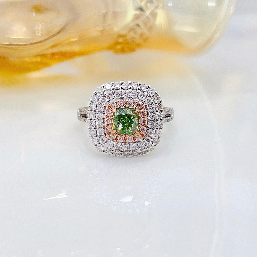 14k Gold 1.46 Ctw Natural Green Diamond & Diamond Ring/pendant( Without Chain ): Ref:231148302 // gold content:14k gold // ring size:7. 25us // // main gemstone:green diamond // shape:cushion // carat weight:0. 71ct // color:green // treatment:natural // // adjacent gemstone 2 :