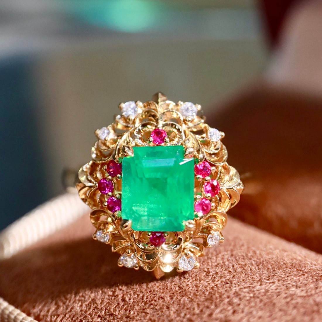 14k Gold 1.36 Ctw Natural Emerald & Diamond Ring: Ref:231148328 // gold content:14k gold // ring size:7. 25us // // main gemstone:emerald // shape:octagonal // carat weight:1. 15ct // color:green // treatment:natural // // adjacent gemstone 2 :