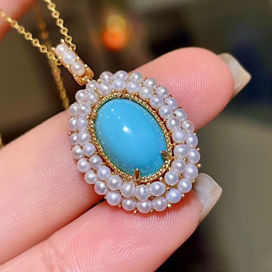 14k Gold 3.45 Ct Natural Blue Turquoise & Pearl Pendant( Without Chain ) - 2