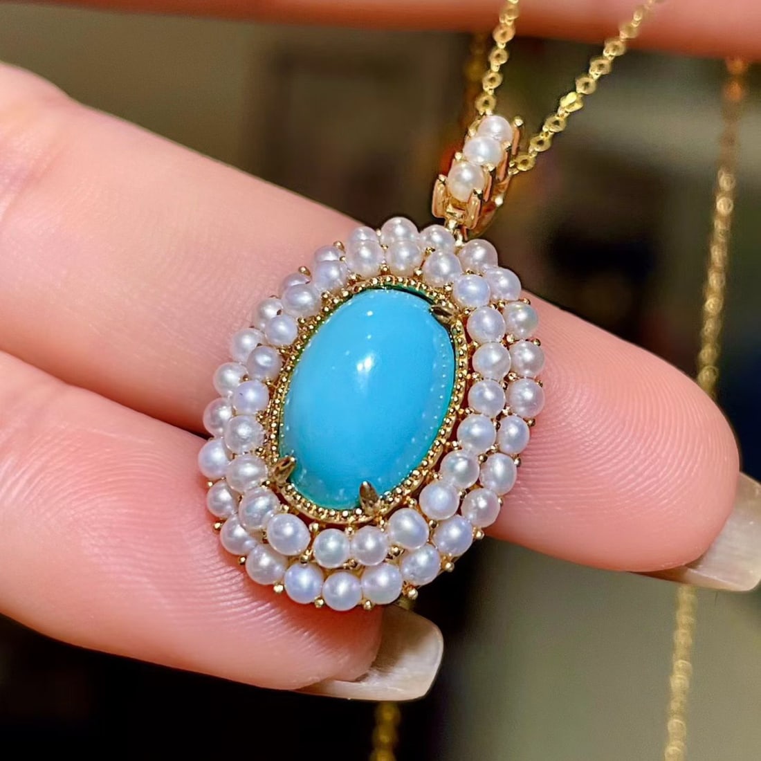 14k Gold 3.45 Ct Natural Blue Turquoise & Pearl Pendant( Without Chain ) - 3
