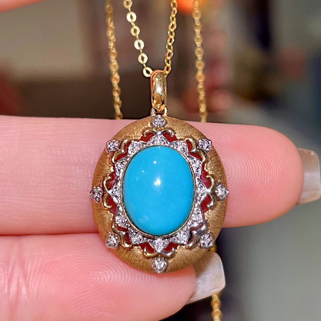 14k Gold 2.12 Ct Natural Blue Turquoise & Diamond Pendant( Without Chain ): Ref:231148421 // gold content:14k gold // main gemstone:blue turquoise // shape:oval // carat weight:2. 12ct // color:blue // treatment:natural // // adjacent gemstone 2 : diamond // shape:round //