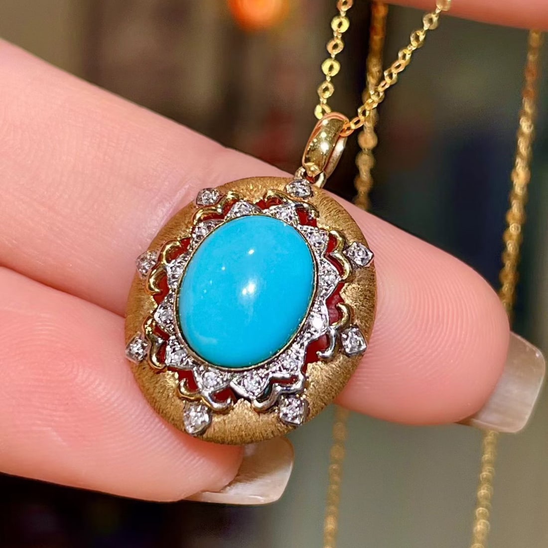 14k Gold 2.12 Ct Natural Blue Turquoise & Diamond Pendant( Without Chain ) - 3