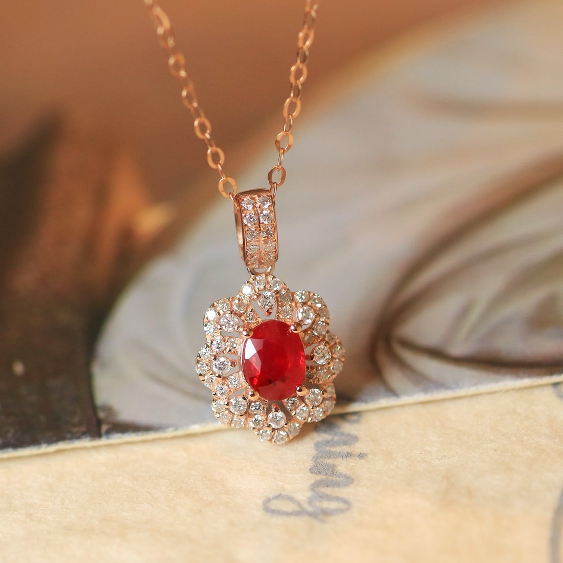 14k Gold 0.77 Ctw Natural Ruby & Diamond Pendant( Without Chain ) - 2