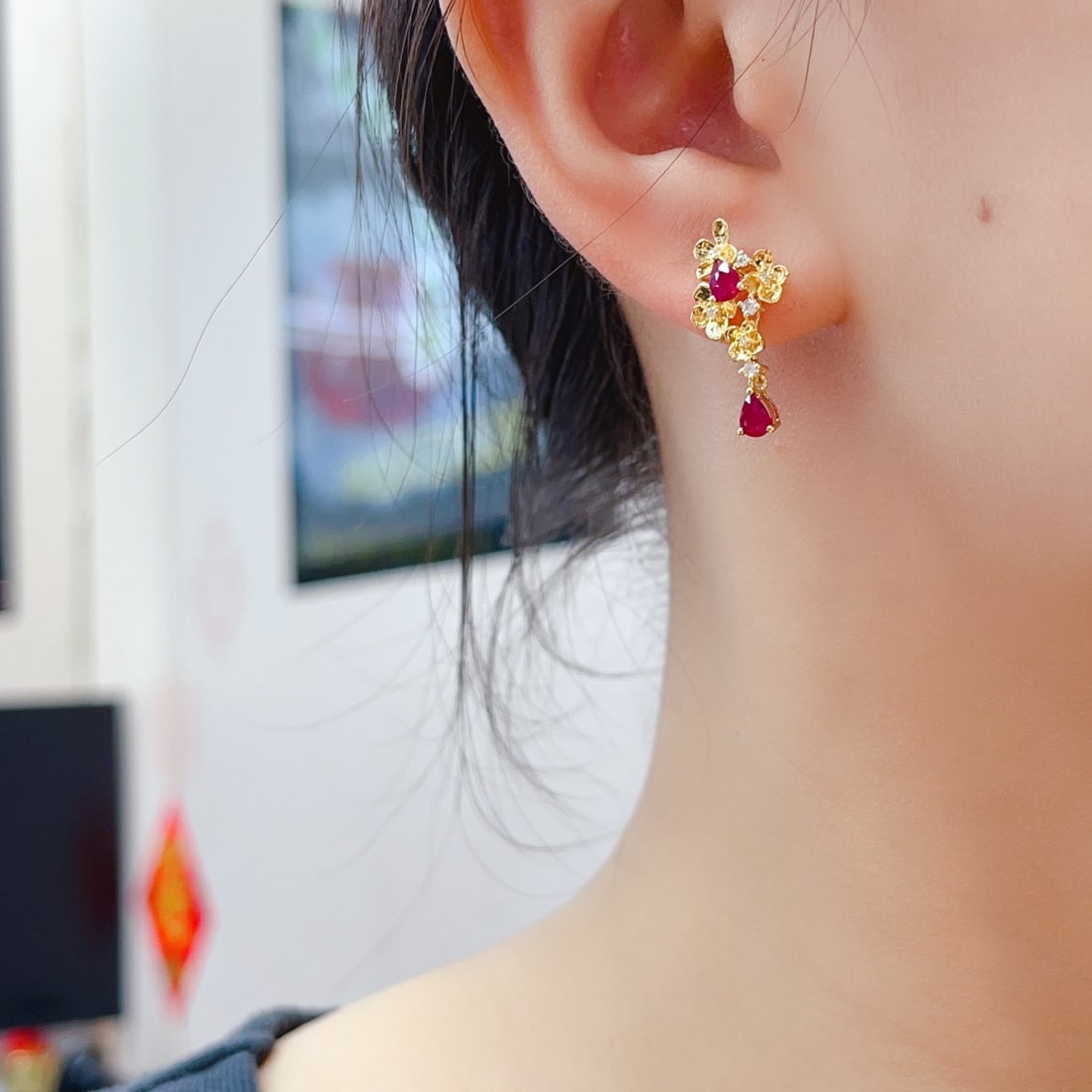 14k Gold 1.30 Ct Natural Ruby & Diamond Earrings - 5