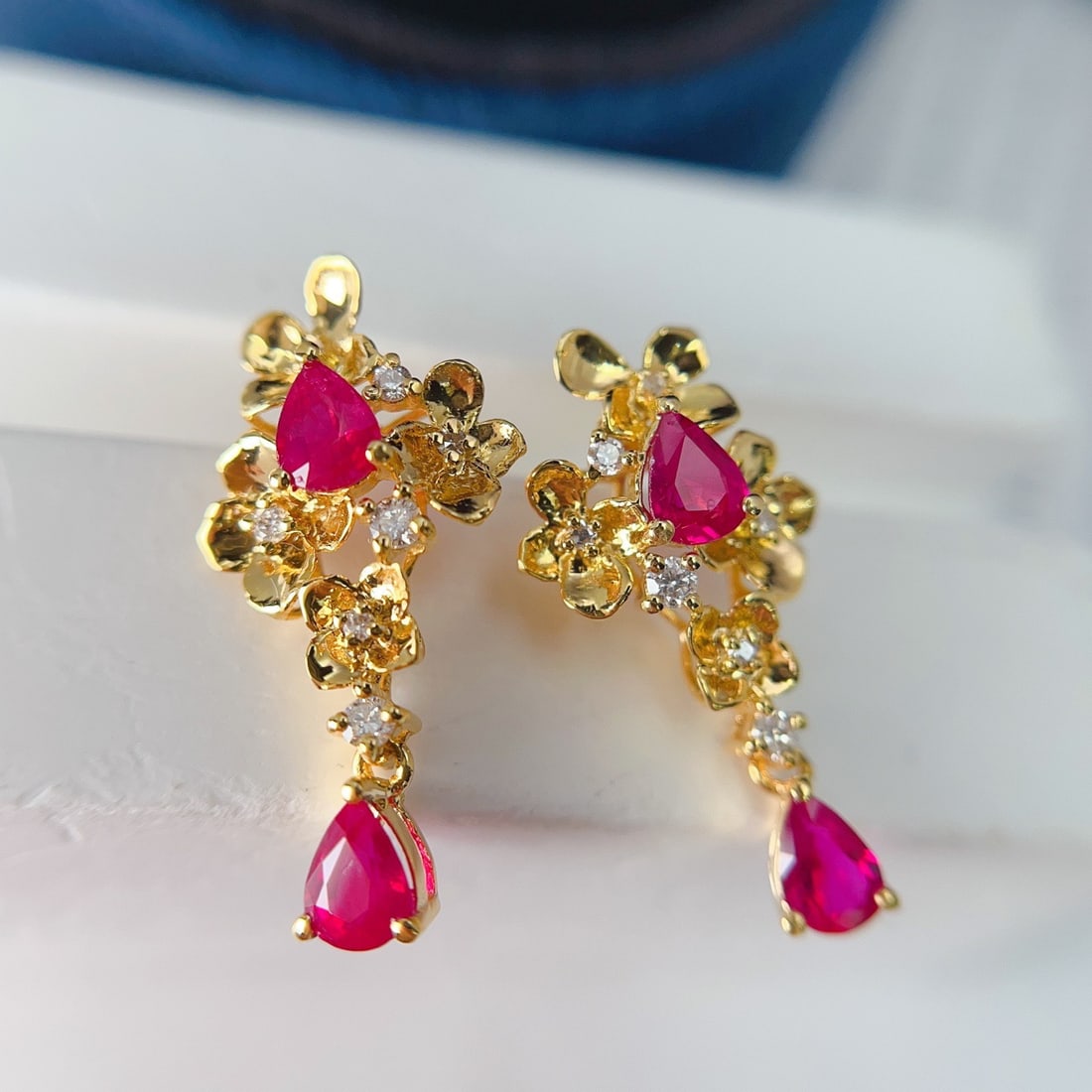 14k Gold 1.30 Ct Natural Ruby & Diamond Earrings - 6