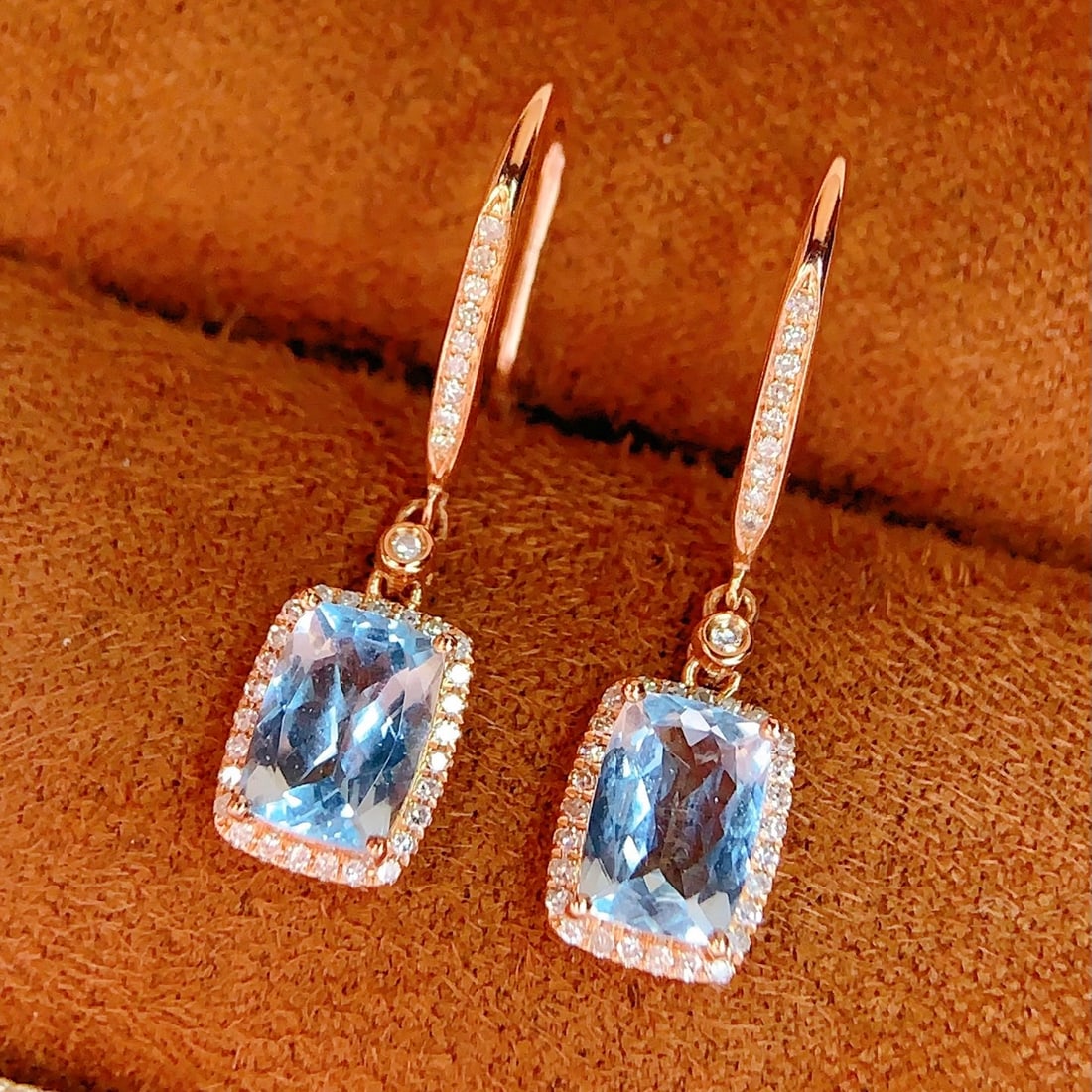 14k Gold 2 Ct Natural Aquamarine & Diamond Earrings - 3
