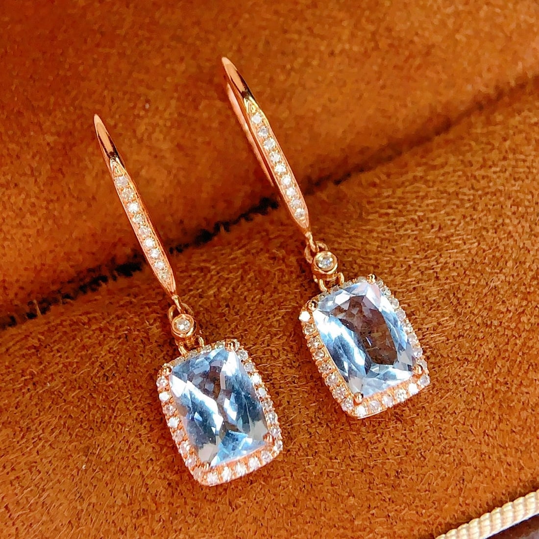 14k Gold 2 Ct Natural Aquamarine & Diamond Earrings - 5
