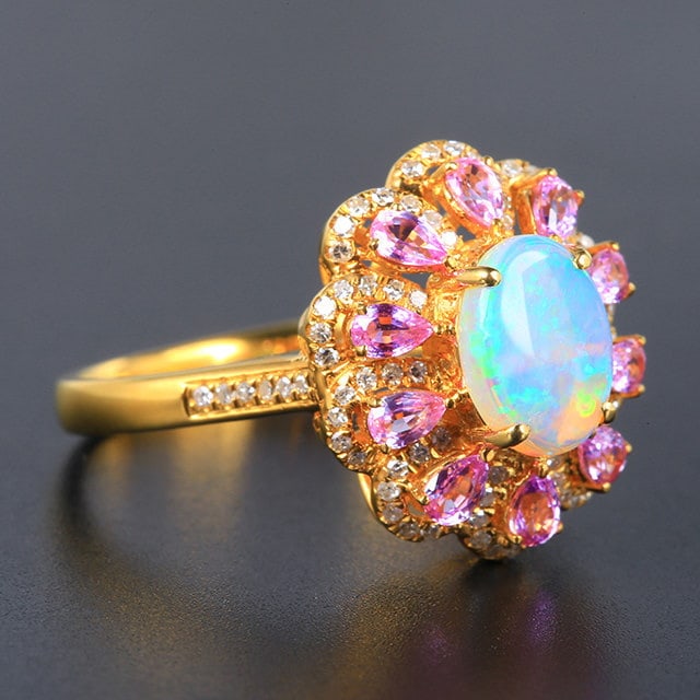 14k Gold 1.40 Ctw Natural Opal & Sapphire Ring - 3