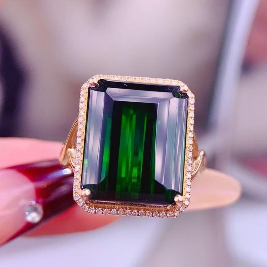 14k Gold 14.00 Ct Natural Tourmaline & Diamond Ring: Ref:231149022 // gold content:14k gold // ring size:7. 25us // // main gemstone:tourmaline // shape:octagonal // carat weight:14. 00ct // color:green // treatment:natural // // adjacent gemstone 2 : d