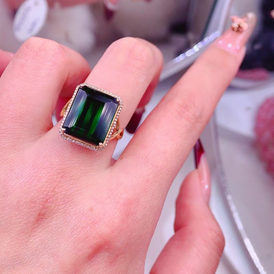 14k Gold 14.00 Ct Natural Tourmaline & Diamond Ring - 3