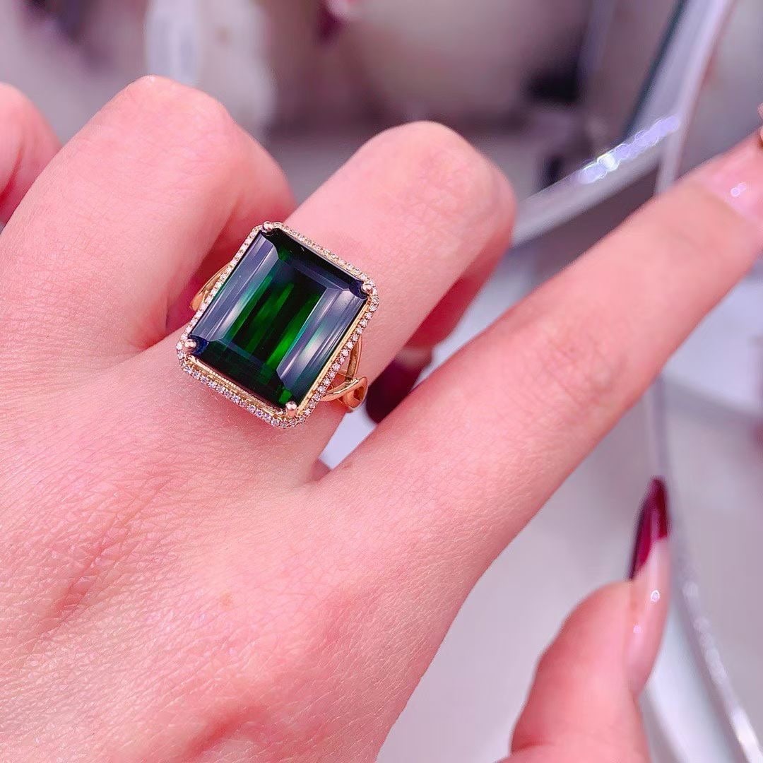 14k Gold 14.00 Ct Natural Tourmaline & Diamond Ring - 4