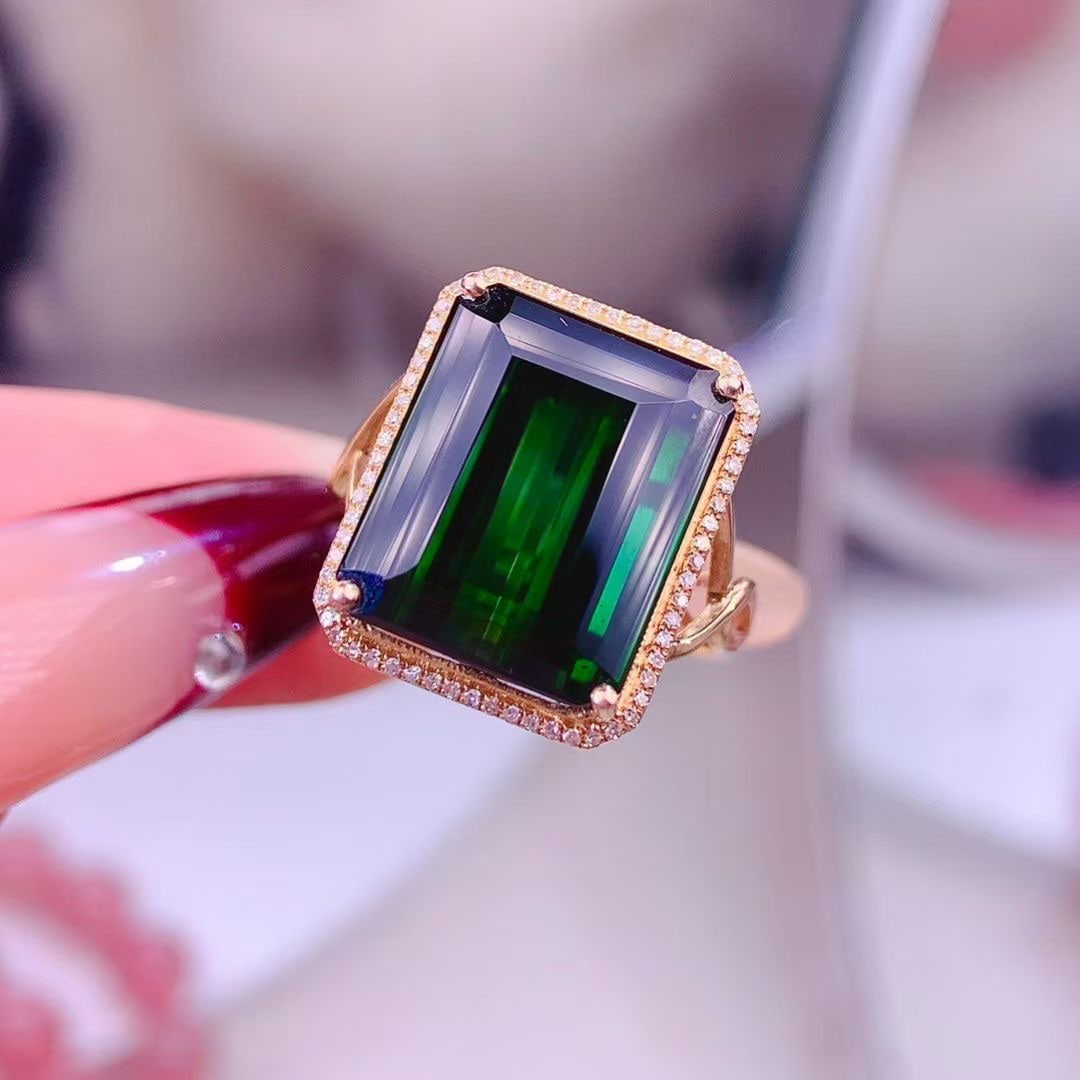 14k Gold 14.00 Ct Natural Tourmaline & Diamond Ring - 5