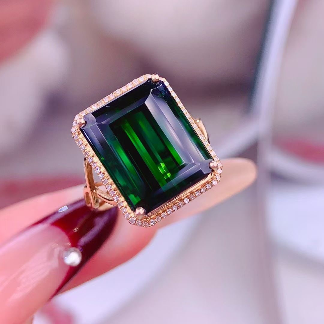 14k Gold 14.00 Ct Natural Tourmaline & Diamond Ring - 6