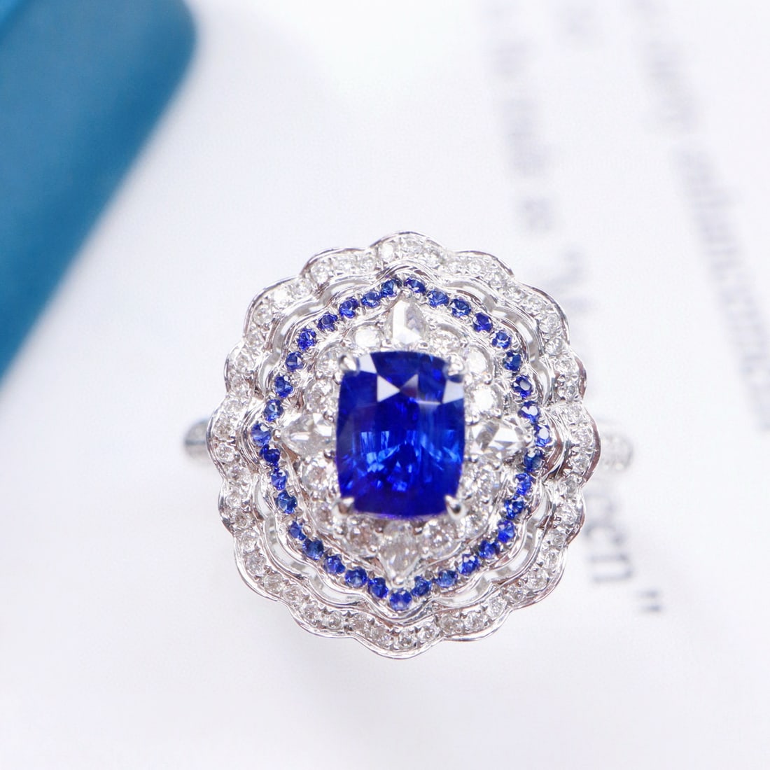14k Gold 1.79 Ctw Natural Sapphire & Diamond Ring: Ref:231149029 // gold content:14k gold // ring size:7. 25us // // main gemstone:sapphire // shape:cushion // carat weight:1. 35ct // color:royal blue // treatment:natural // // adjacent gemstone 2 :