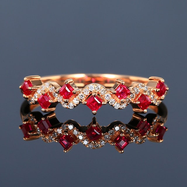 14k Gold 0.47 Ctw Natural Ruby & Diamond Ring: Ref:231149034 // gold content:14k gold // ring size:7. 25us // // main gemstone:ruby // shape:square // carat weight:0. 37ct // color:red // treatment:natural // // adjacent gemstone 2 : diamond //