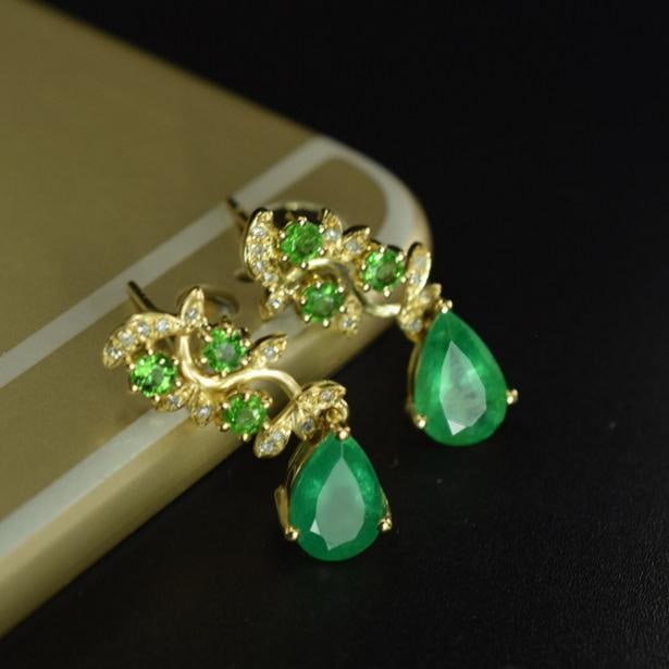 14k Gold 2.36 Ctw Natural Emerald & Diamond & Tsavorite Earrings - 5