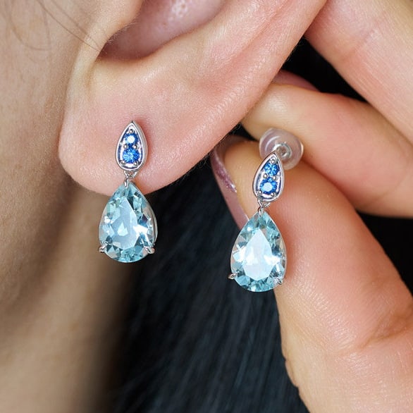 14k Gold 3.66 Ct Natural Aquamarine & Sapphire Earrings - 7