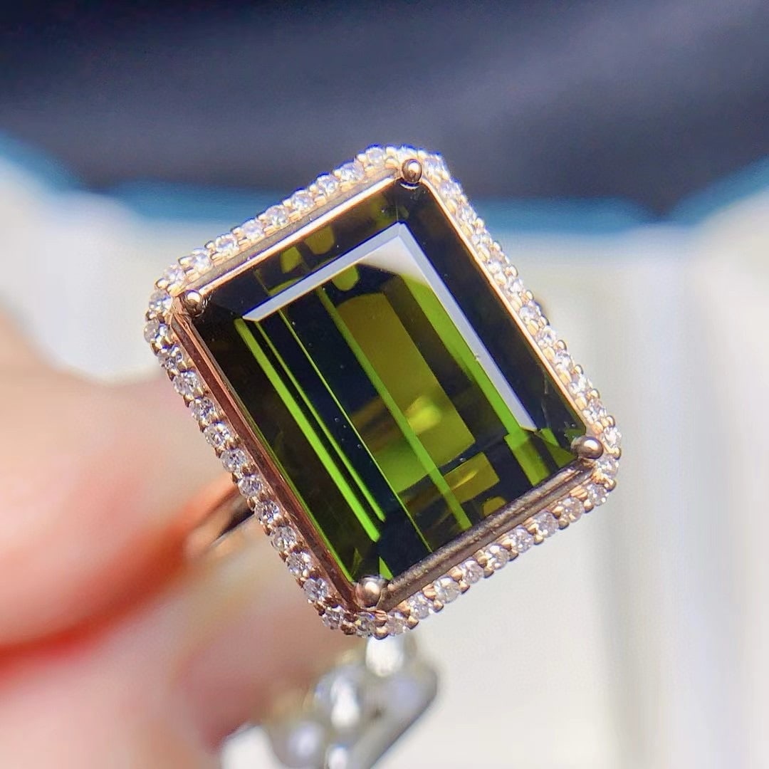 14k Gold 8.33 Ctw Natural Tourmaline & Diamond Ring: Ref:231149066 // gold content:14k gold // ring size:7. 25us // // main gemstone:tourmaline // shape:octagonal // carat weight:8. 1ct // color:green // treatment:natural // // adjacent gemstone 2 :