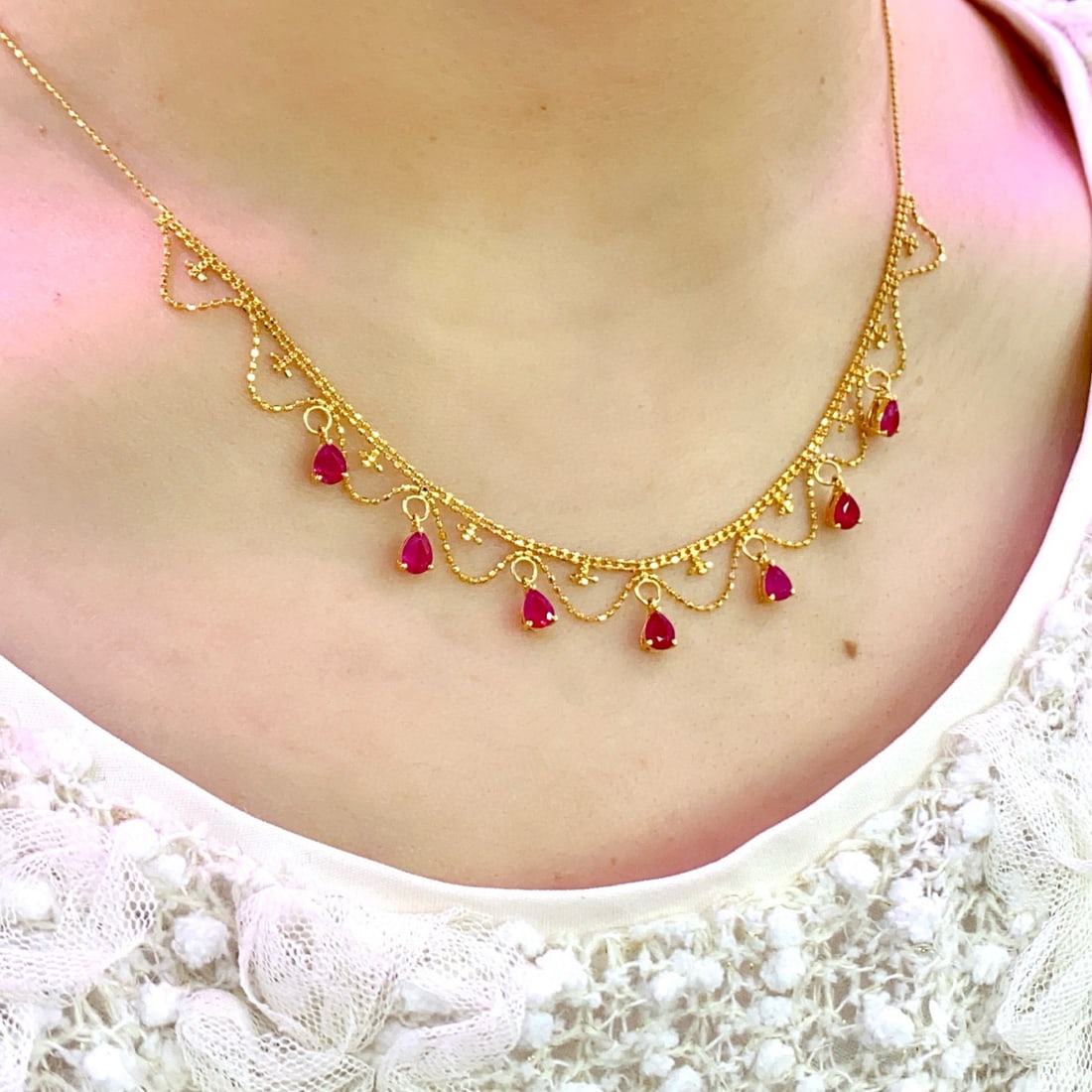 14k Gold 2.8 Ct Natural Ruby Necklace - 2
