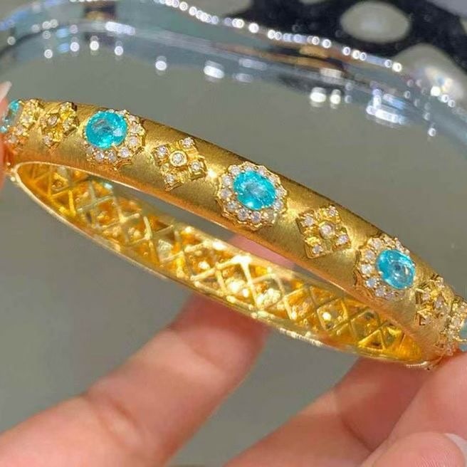 14k Gold 5.2 Ct Natural Paraiba Tourmaline & Diamond Bangle - 2