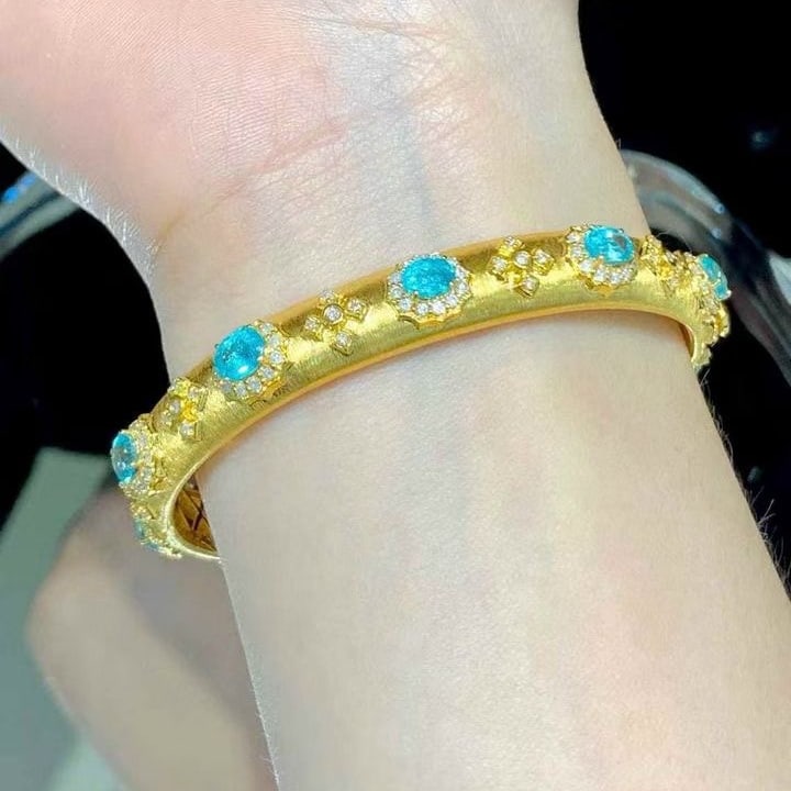 14k Gold 5.2 Ct Natural Paraiba Tourmaline & Diamond Bangle - 3