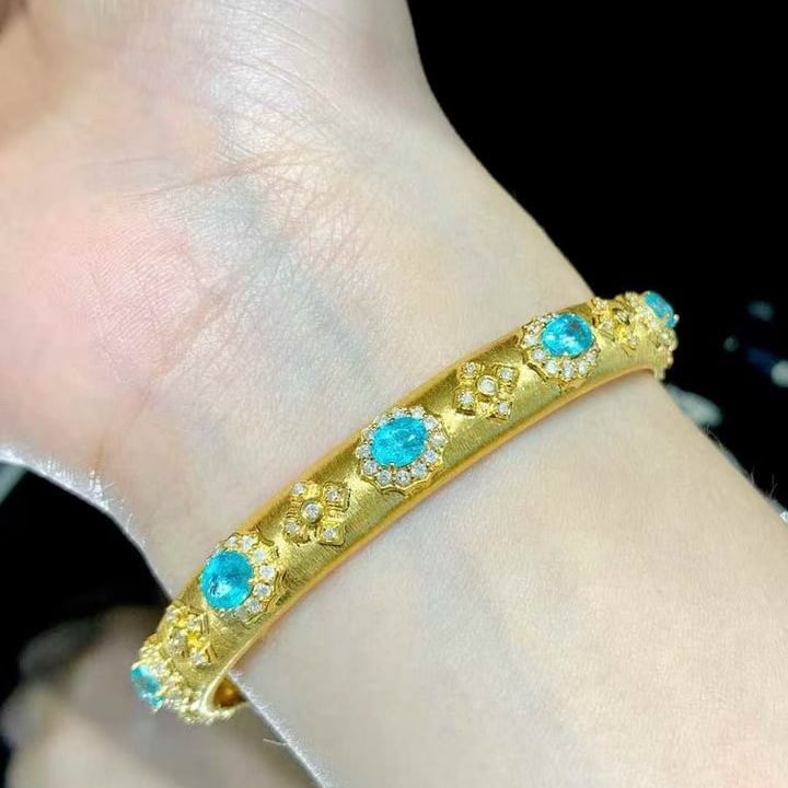 14k Gold 5.2 Ct Natural Paraiba Tourmaline & Diamond Bangle - 4