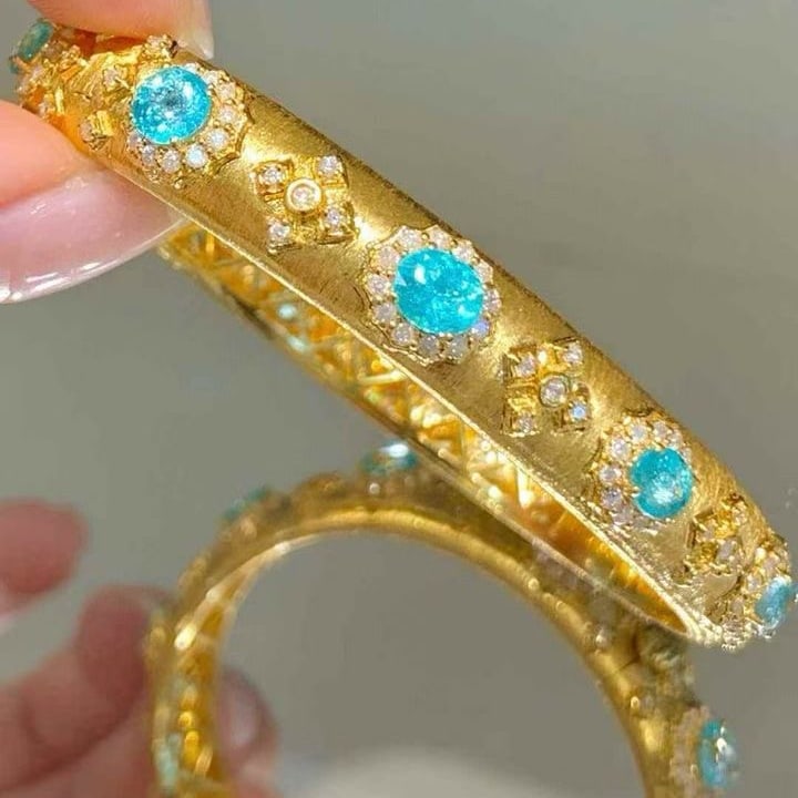 14k Gold 5.2 Ct Natural Paraiba Tourmaline & Diamond Bangle - 5