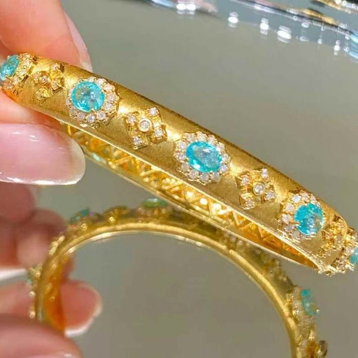 14k Gold 5.2 Ct Natural Paraiba Tourmaline & Diamond Bangle - 6