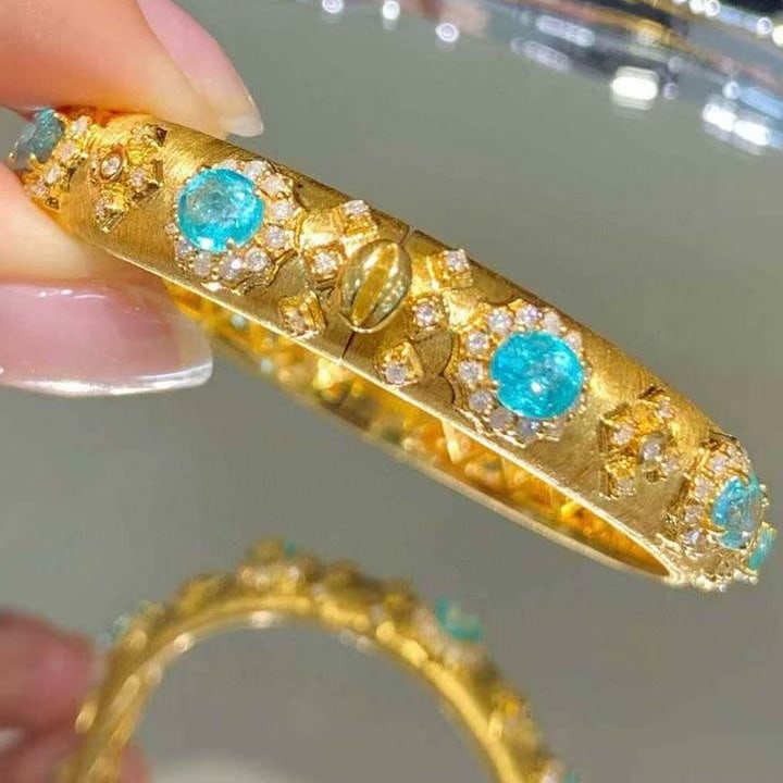 14k Gold 5.2 Ct Natural Paraiba Tourmaline & Diamond Bangle - 7