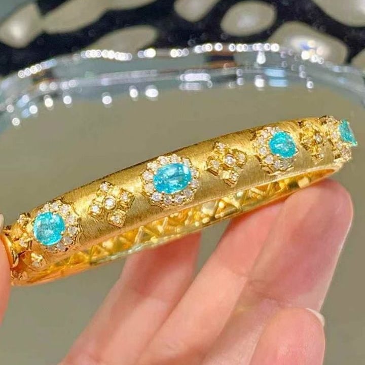 14k Gold 5.2 Ct Natural Paraiba Tourmaline & Diamond Bangle - 8