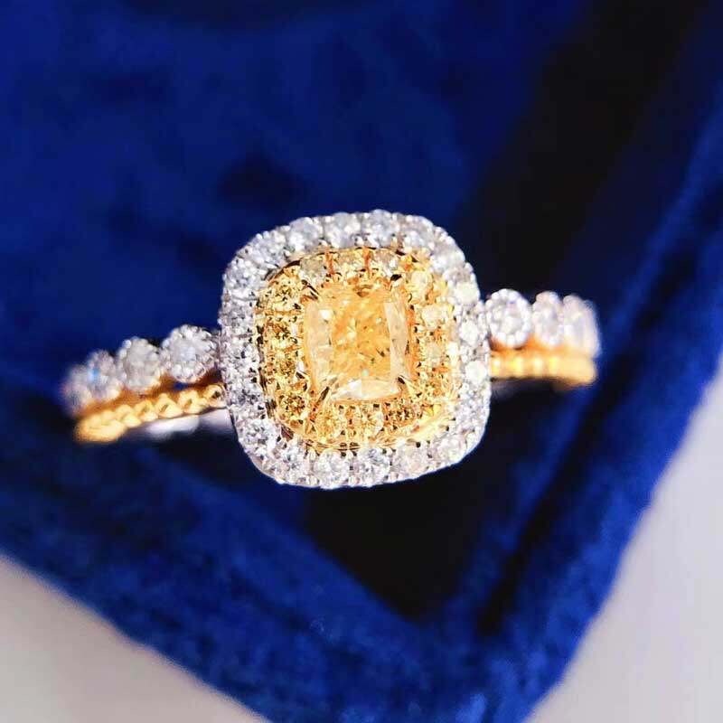 14k Gold 0.5 Ctw Natural Yellow Diamond & Diamond Ring: Ref:231149134 // gold content:14k gold // ring size:7. 25us // // main gemstone:yellow diamond // shape:cushion // carat weight:0. 2ct // color:yellow // treatment:natural // // adjacent gemstone 2 :