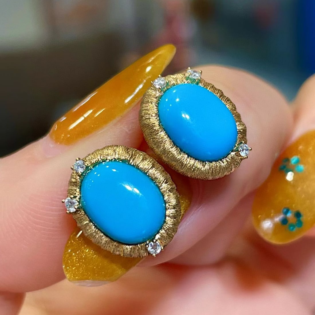 14k Gold 3.63 Ctw Natural Blue Turquoise & Diamond Earrings - 2