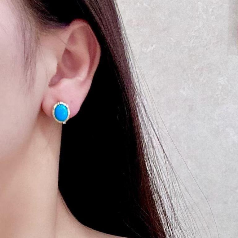 14k Gold 3.63 Ctw Natural Blue Turquoise & Diamond Earrings - 4