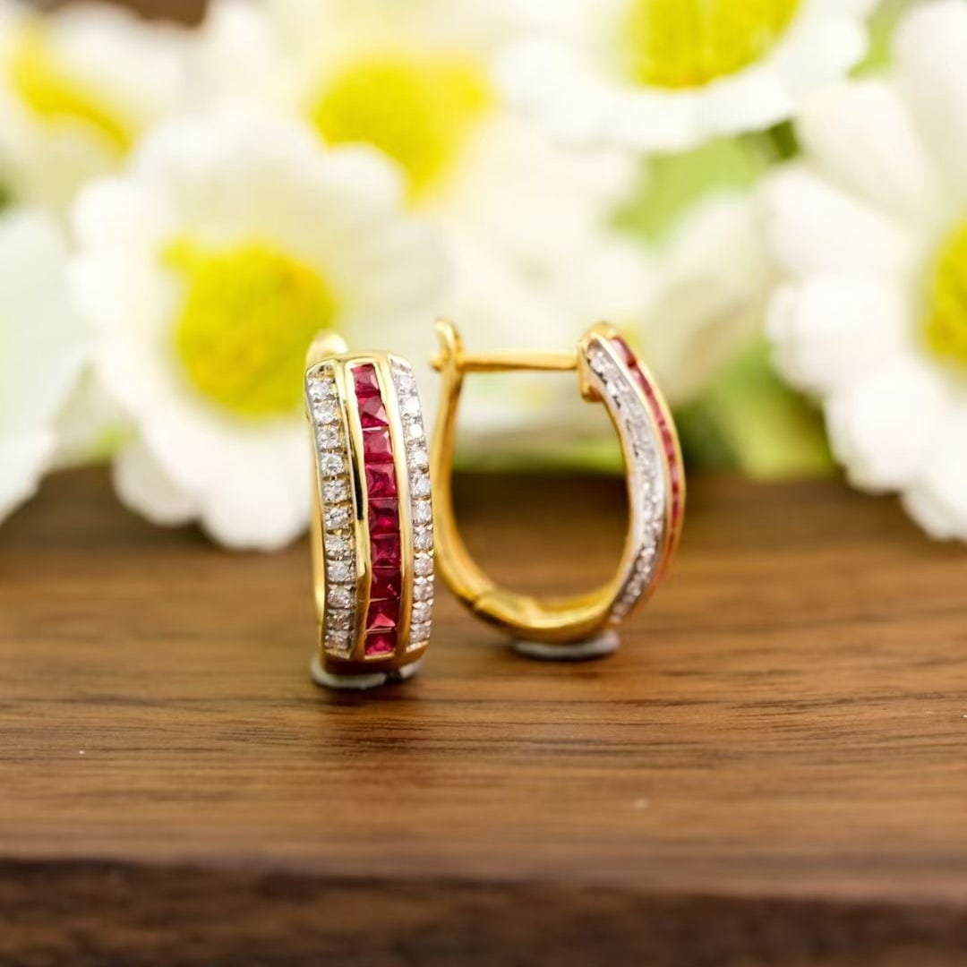 14k Gold 0.82 Ctw Natural Ruby & Diamond Earrings: Ref:231149232 // gold content:14k gold // main gemstone:ruby // shape:princess // carat weight:0. 56ct // color:red // treatment:natural // // adjacent gemstone 2 : diamond // shape:round // carat wei